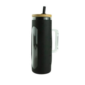 Glass Tumbler + Black Silicone Sleeve with Straw and Handle PLUS Random Notebook